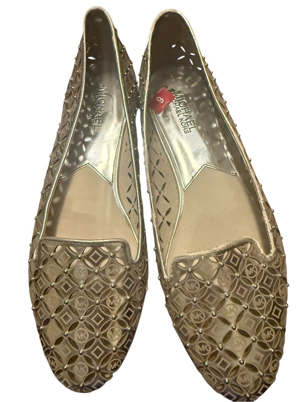 Michael Kors Silver Metallic Laser Cut Studded Flats Loafers Size 9M
